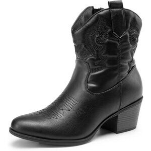 DREAM PAIRS Ankle Boots Women's Black Leather Fashion Low chunky Heel Round Toe